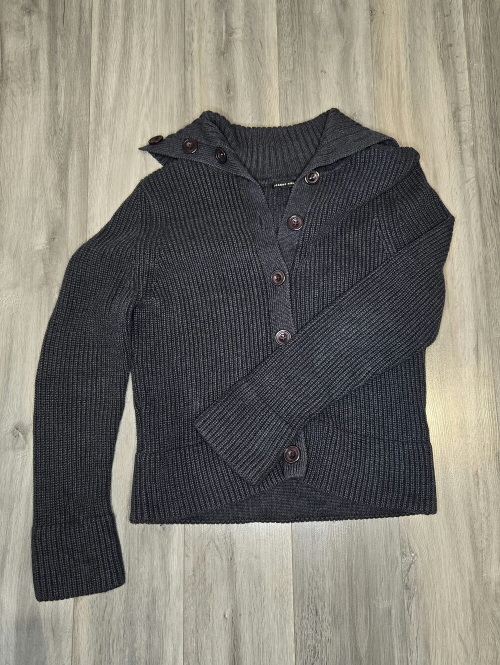 Women's Dark Gray Rib-Knit Button Cardigan Sweater